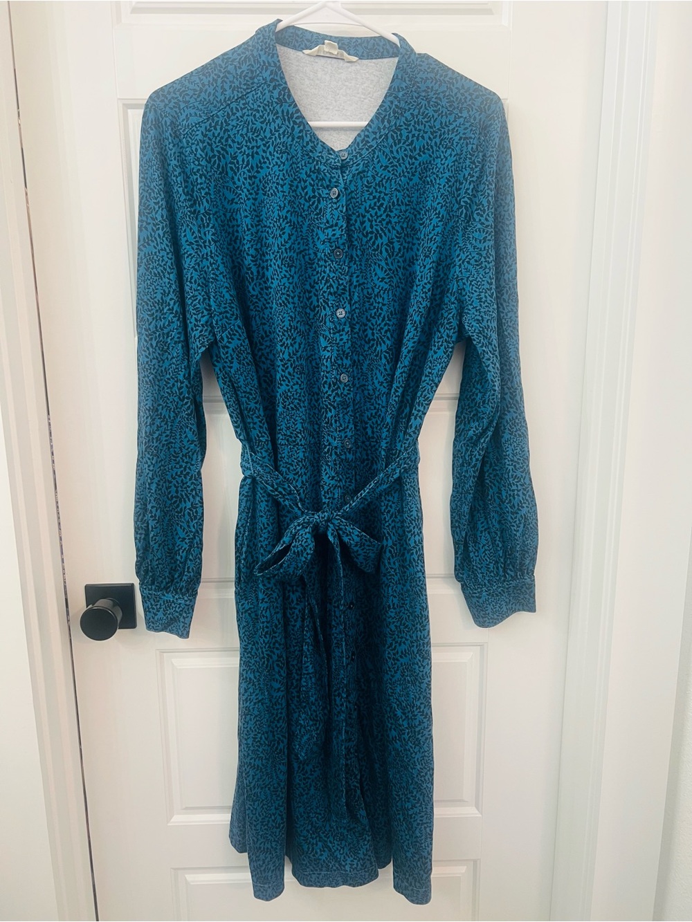 Boden Teal Patterned Midi Shirt Dress with Tie Waist